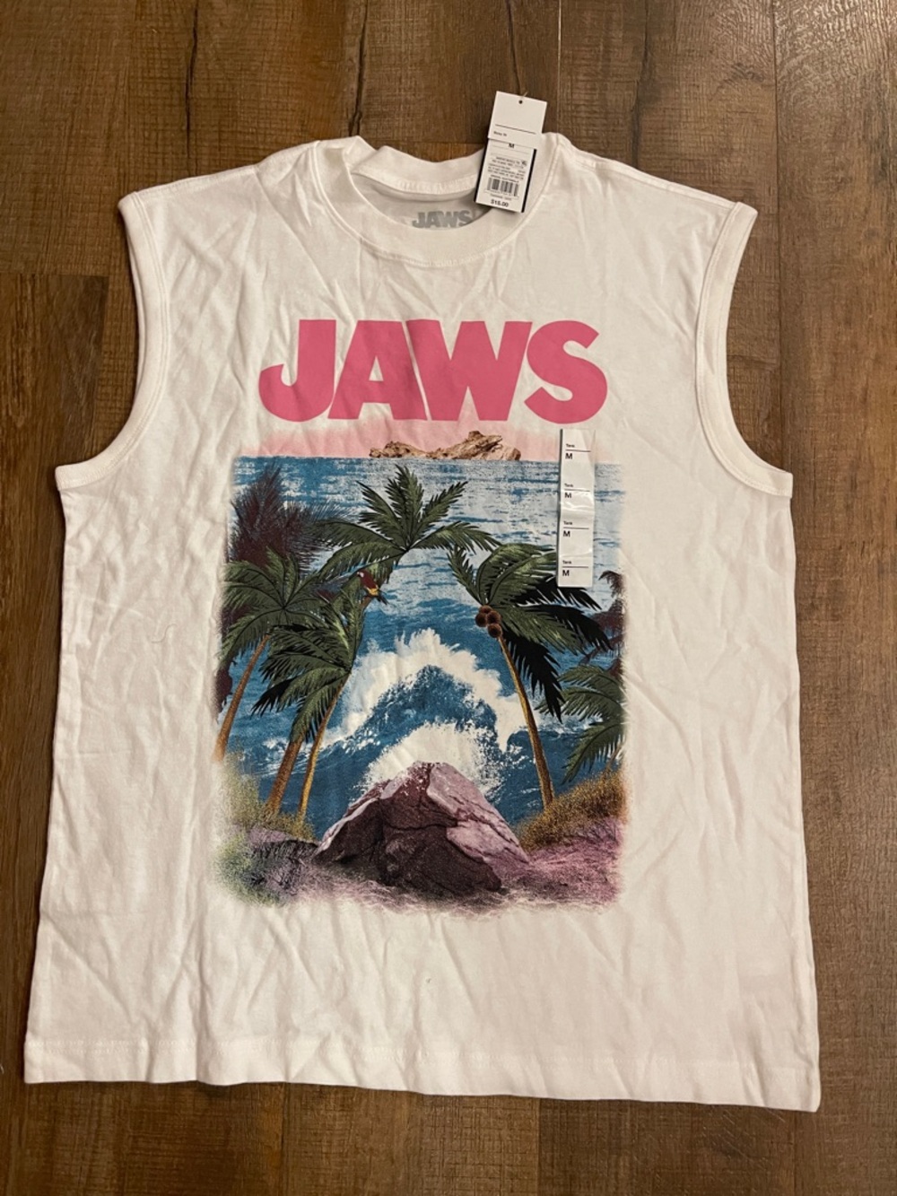Original Use White Tank Top with Pink JAWS Graphic and Multicolor Tropical Print